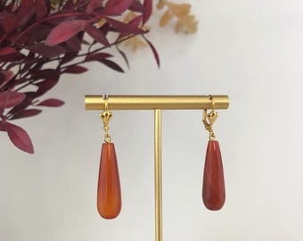 Art Deco Style Vergoldete Orange Braun Karneol Stein Teardrop Ohrringe