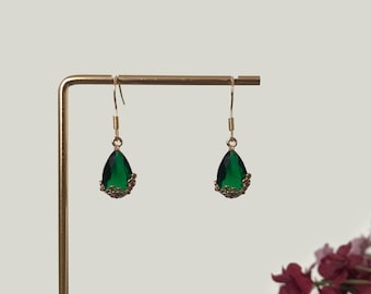 Gold Plated Emerald Green Crystal Teardrop Floral Earrings