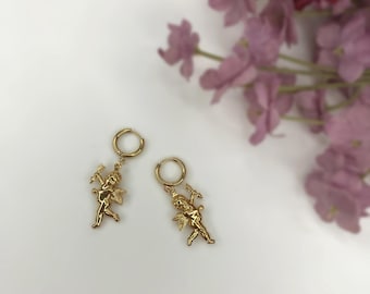 Lightweight Gold Plated Cherub Angel Wings Small Huggie Hoop Earrings