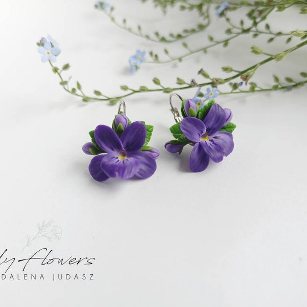 Violets earrings, floral jewellery, earrings with flowers, polymer clay jewellery