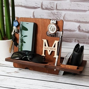 Wooden Docking Station Phone Stand Christmas Gift For Husband Wooden Organizer Boyfriend Gift For Son Dads Gift Custom Docking Station Him image 1