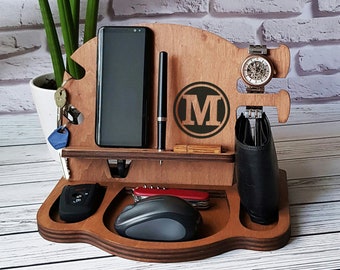 Mens Docking Station Personalized Wooden Organizer Christmas Gift For Dad Husband Gift Him Iphone Charging Station Wood Valet Nightstand