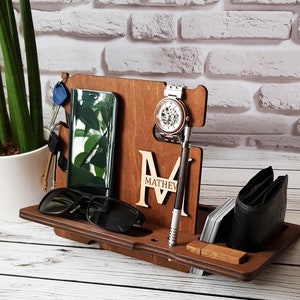 Wooden Docking Station Phone Stand Christmas Gift For Husband Wooden Organizer Boyfriend Gift For Son Dads Gift Custom Docking Station Him image 2