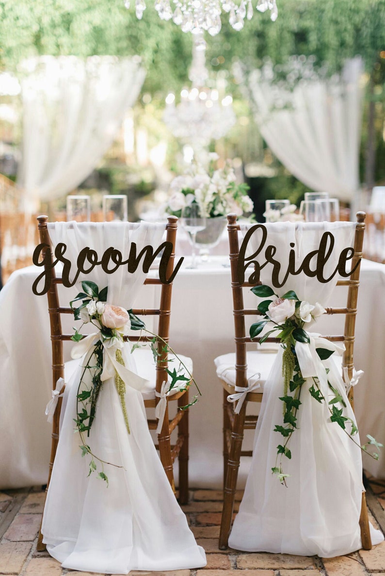 Wedding Chair Sign Bride And Groom Backs Signs Decor Wooden Chair Sign Wedding Sign For Reception Wedding Chair Decor Rustic Wedding Signs image 1