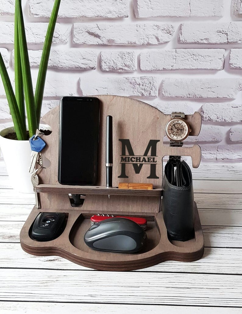 Personalized Desk Organizer Wooden Docking Station Father Day Etsy