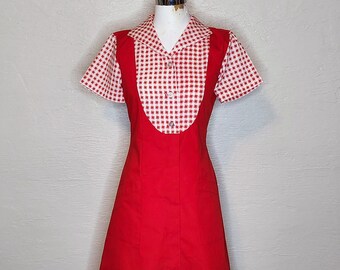 Kiss My Grits - Red and Gingham 1970s Waitress Dress - Vintage 1970s 70s Red Gingham Waitress Day Dress - Diner Dress - Twin Peaks - W37”