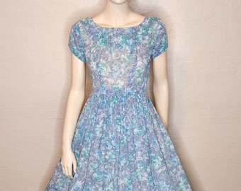 Coming Up Roses - Vintage 1950s 50s Blue, Aqua and Lilac Fit and Flare Day Dress - Circle Skirt - 1950s 50s Day Dress - Swing Dress - W25”