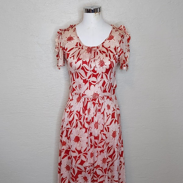 Beautiful Blooms - Stunning 1940s 40s Floral Rayon Knit Day Dress - Swing Dress Day Dress - Vintage 1940s 40s Rayon Day Dress - XS