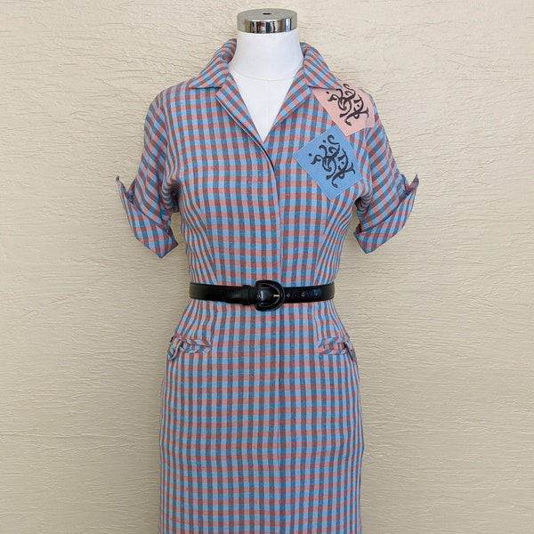 Pretty Plaid - Vintage Early 1950s 50s Abby Kent Plaid Woven Rayon Sheath dress -Vintage Wiggle Dress - Vintage 1950s 50s Day Dress - W 26”
