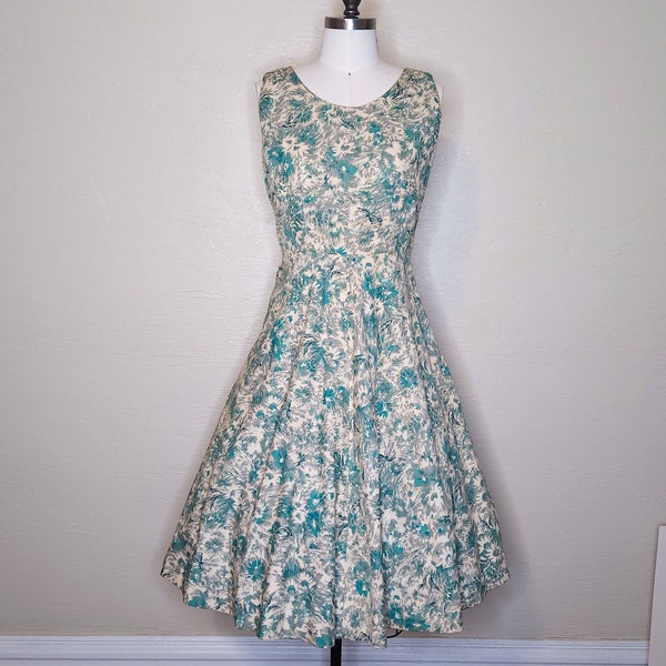 Femme Fatale in Floral - 1950s Teal Floral Print Sundress w/ Rhinestone & Pearl Embellishments - Vintage 1950s 50s Floral Sundress - W30”