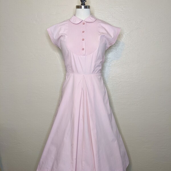 Pintucked Princess - Vintage 1950s 50s Pink Cotton Day Dress - Pink Bibbed 1950s 50s Day Dress - Swing Dress - Baby Pink Lucy Dress - W31”