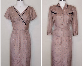 Wonder Twins - 1950s Taupe Floral Silk 2-pc Dress and Jacket Set - Gorgeous Taupe Floral Silk Vintage 1950s 50s Day Dress and Jacket  - W28”