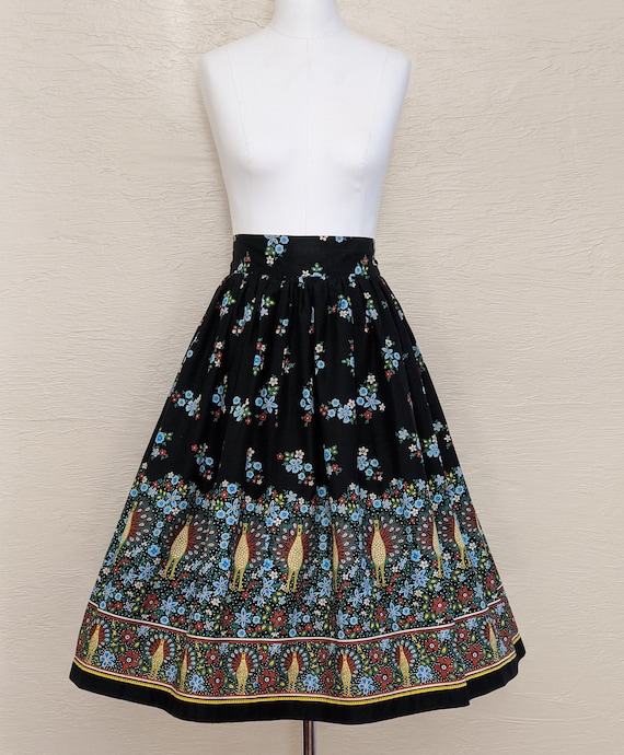 Peacocks & Posies! 1950s Novelty Print Skirt - 50s
