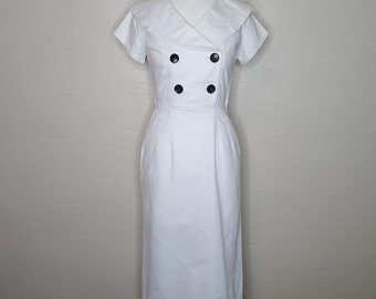 White as a Cloud! - Vintage 1950s 50s White Pique Cotton Sheath Dress - Wiggle Dress - Vintage Kay Windsor 1950s 50s Day Dress - W25-1/2”