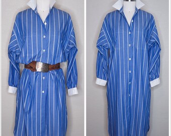 In A Bleu Mood - Blue 1980s 80s French Cotton Striped Oversized Shirtdress - Vintage 1980s 80s Preppy Shirtdress w Contrasting Details - M