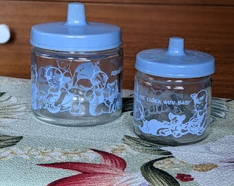 Round the Clock with Baby Blue - Vintage 1950s 50s Set of 2 Glasco Glass Nursery Jars w Lids - 1950s 50s Glass Baby Decor - Midcentury Baby