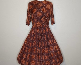 Miss Mary Mac Goes Abstract - 1960s Brown Nylon Knit Abstract Print Back Button Shirtwaist Dress - Vintage 1960s 60s Swing Day Dress - W31”