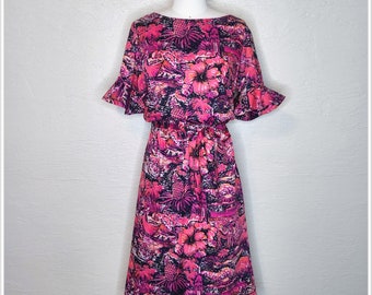 Floral Shaheen Dream - Vintage 1960s 60s Alfred Shaheen Batik Print Ruffled Sack Dress - Shaheen Tropical Pink Tiki Dress- Tiki Oasis - W46”