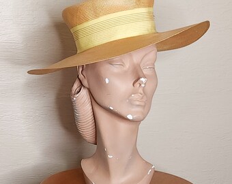 Straw Doll - Vintage 1950s 50s Flirty Wide Brimmed Straw Hat w Ribbon Trim - Betmar Hat - Vintage 50s Straw Picture Hat Beach Hat 20-1/2”