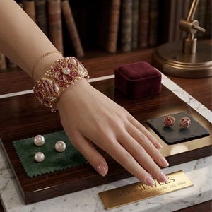 May include: A wide gold cuff bracelet featuring intricate floral patterns with embedded red stones and small white pearls. The set includes matching round stud earrings with red centers and three loose white pearls. A gold plaque reads JIDA JEWELS.