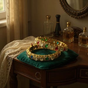 Gold Plated Bollywood Kada Bangle Set, Ruby & Emerald Stones