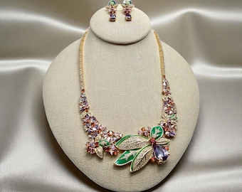 Floral Statement Necklace Set | Multicolor Cz stones enameled designer  Jewelry | Handmade Bridal Choker & Earrings