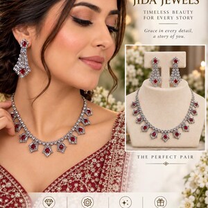 Rhodium Finish AD Stone Necklace Set In Ruby