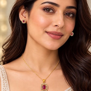 Dainty Ruby CZ Pendant Set with Fine Chain and Stud Earring