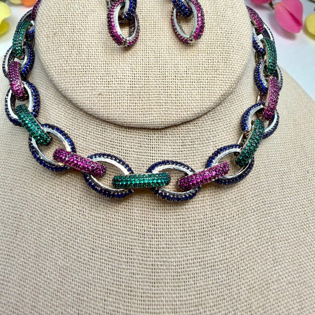 Luxury Multicolor Crystal Chain Link Necklace Set | Sparkling Cz/ad ...