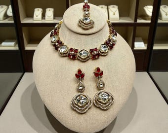 Kundan Bridal Jewelry Set | Red Stone Necklace with Earrings & Maang Tikka | Indian Wedding Jewelry