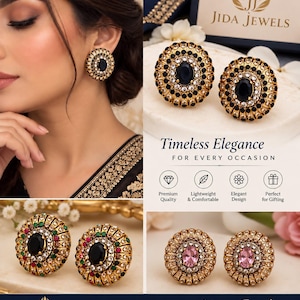 May include: Round gold-tone stud earrings featuring a central oval black stone surrounded by smaller clear crystals and black beads. Additional variations include earrings with green and pink stones. The Jida Jewels logo is visible.