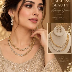 May include: A gold-toned jewelry set featuring a double-layered necklace and matching drop earrings. The necklace consists of one chain with leaf-like links and a second chain with clear, faceted stones. The earrings feature a floral-shaped stud.