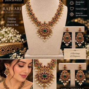 May include: A gold-toned necklace and earring set featuring a dark gold finish, inlaid with green and red stones, and accented with small white pearls. The central pendant of the necklace and the matching drop earrings display intricate metalwork.