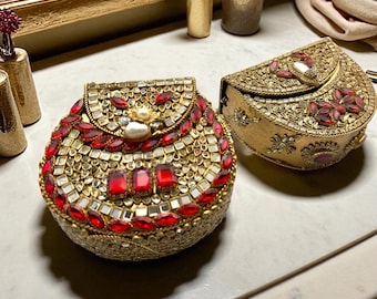 Hand made Gold Kundan metal Bag with multi Stone Embellishments - Perfect for Weddings and Formal Events