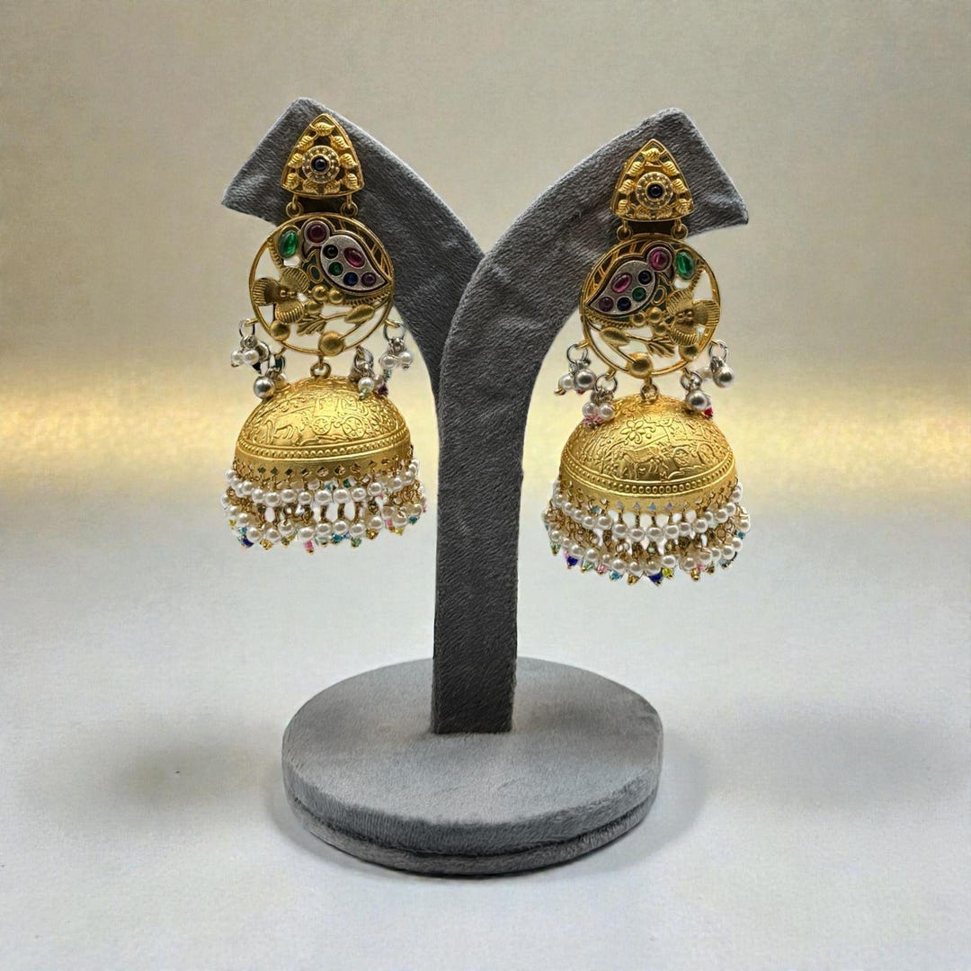 Antique Gold Jhumka Earrings • Handcrafted Indian Temple Jewelry With