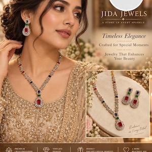 May include: A jewelry set featuring a necklace and matching drop earrings with multi-colored rectangular stones, including red, blue, and green, set in a silver-toned metal frame with clear accent crystals. The set is branded JIDA JEWELS.