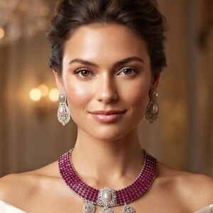 May include: A necklace featuring multiple rows of small, deep pink stones set in silver-toned metal, accented with a central teardrop-shaped pearl and smaller pearl drops. Matching silver-toned earrings feature a single pearl drop design.