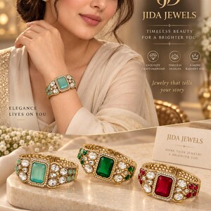 May include: Three gold-tone hinged bracelets featuring a large rectangular central stone surrounded by smaller clear and colored stones. The bracelets are available in light green, dark green, and red, each with a detailed filigree metal band.