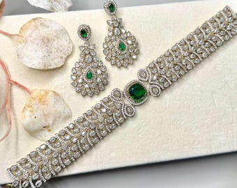 Luxury Bridal Choker Necklace Set with Statement Earrings, Silver Tone Wedding Jewelry