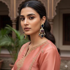 May include: Elegant gold-toned earrings with large, dark blue and purple gemstones. The earrings are worn by a person wearing a peach-colored dress with gold embroidery. The earrings have a chandelier design.