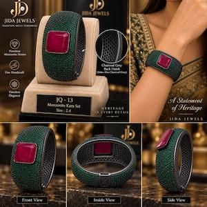 May include: A wide cuff bracelet featuring a charcoal grey metal base covered in small green stones and a large square red center stone. The piece is labeled JQ-13 Monzonite Kara Set Size 2.4 and includes Jida Jewels branding.