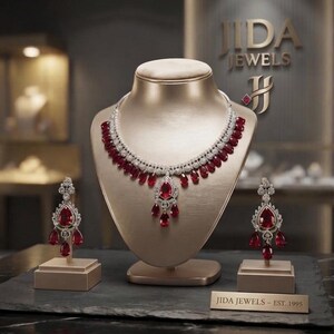 Elegant Highend designer  Silver Tone  Jewelry Set with Ruby Red Stones for Receptions and Occasions Statement piece