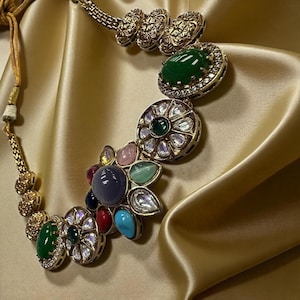 Exquisite fusion Necklace set designer  Multicolor Stones and Pearls - Traditional Indian Jewelry