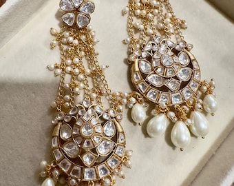 Exquisite Kundan Chandbali Earrings with Pearl Drops - Traditional Indian Jewelry