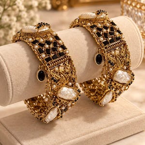 Gold Plated Wide Turkish Bangle In Black and Baroque Pearl Style