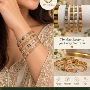 May include: A set of four metallic bangles featuring alternating textured and smooth segments in gold, silver, and rose gold tones. The bracelets are displayed on a wrist and on a white cylindrical stand, with the text JIDA JEWELS visible.
