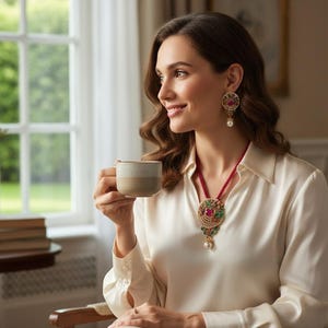 May include: A woman wearing a cream-colored blouse and ornate jewelry, including earrings and a necklace with a red beaded chain and a large pendant. She is holding a beige and white mug. The setting is a well-lit room with a window.