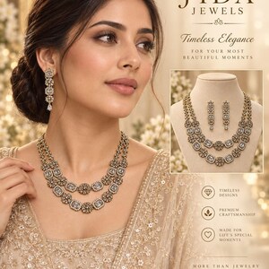 May include: A two-layered necklace and matching drop earrings featuring clear rectangular and circular stones set in a metallic frame. The jewelry set is displayed on a mannequin and worn by a model, with text reading JIDA JEWELS, Timeless Elegance, and more.