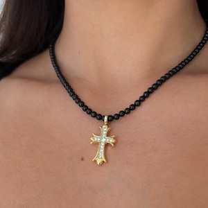 Black Agate Natural Stone Necklace - Black Beaded Necklace - Crystal Cross Necklace - Gemstone Cross Beaded Necklace - Black Jewelry