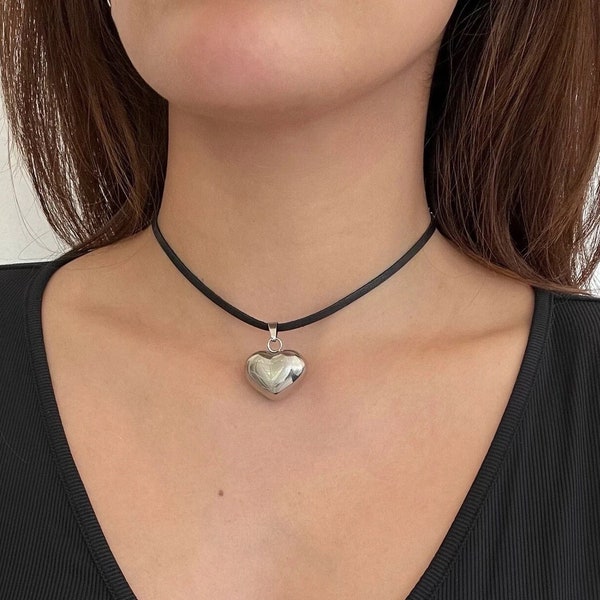 Leather Heart Choker Etsy